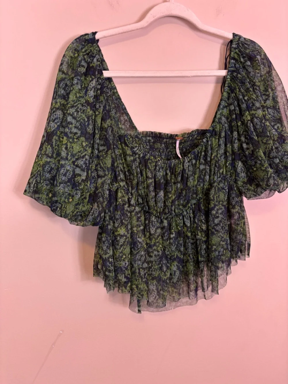 Free People Navy and Green Floral Square Neckline Short Sleeve Blouse Top XL